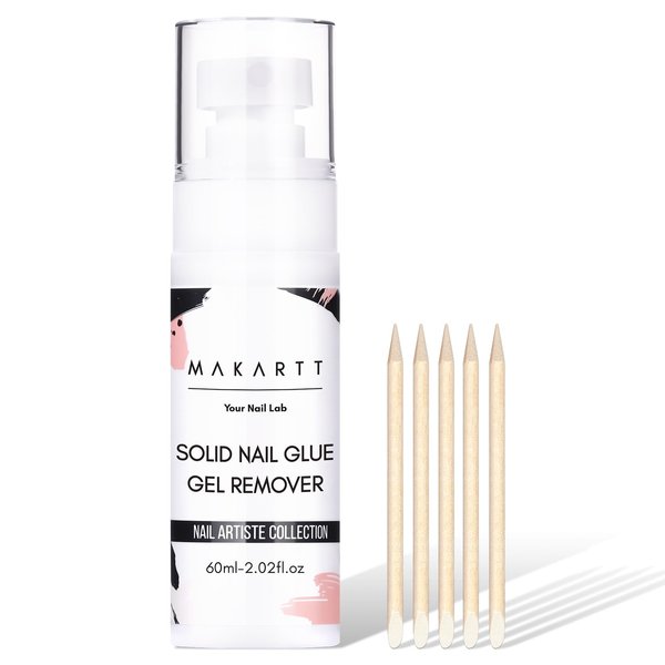 Makartt Nail Glue Remover for Press on Nails, 60ML Gentle Glue Remover for Solid Nail Glue Gel Non-Acetone Press on Nail Remover for Nail Tips, Nail Polish Remover with 5pcs Wooden Sticks