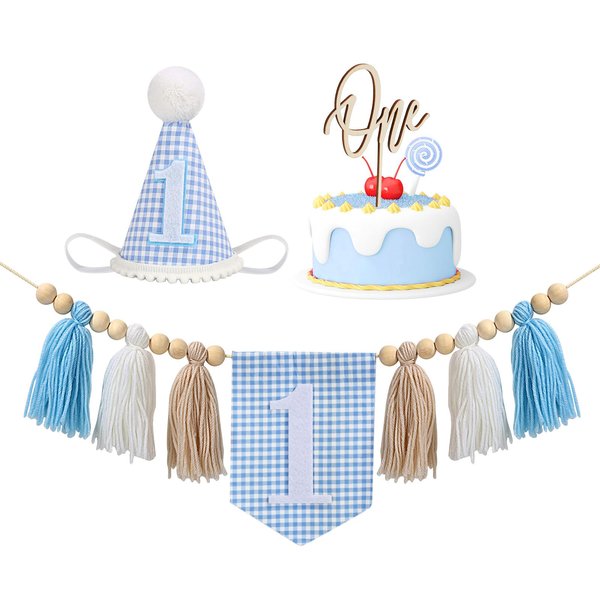 1st Birthday Highchair Banner Decorations, 1st Birthday Decorative for Boys with Wooden Bead Tassel, Birthday Banner with Blue Checkered Cone Hat and Cake Topper, First Birthday Party Decor for Baby