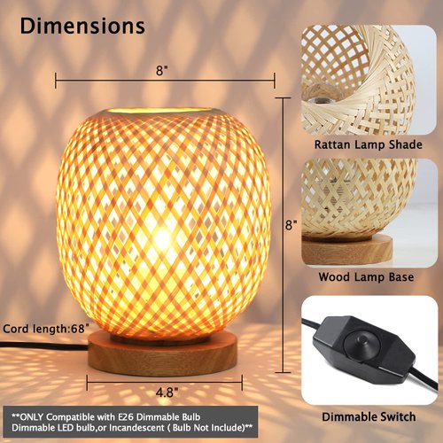 Capslpad Dimmable Rattan Table Lamp Bamboo Woven Handmade Boho Beside Lamp,Small Wicker Desktop Nightstand Lamp Accent Lamp for Kids Living Room,Bedroom,Dorm Decor