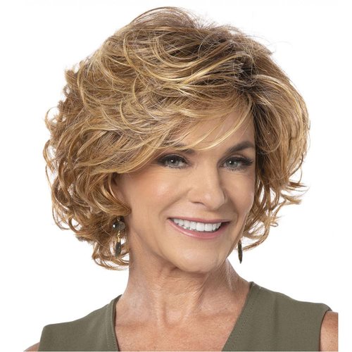 Toni Brattin Gorgeous Avg Cap Color Red Blonde Wigs 5" Collar Length Short ChangeLite Heat Friendly Synthetic Wavy Side-Swept Bangs Women's Open Curls Adjustable Tabs Comfortable