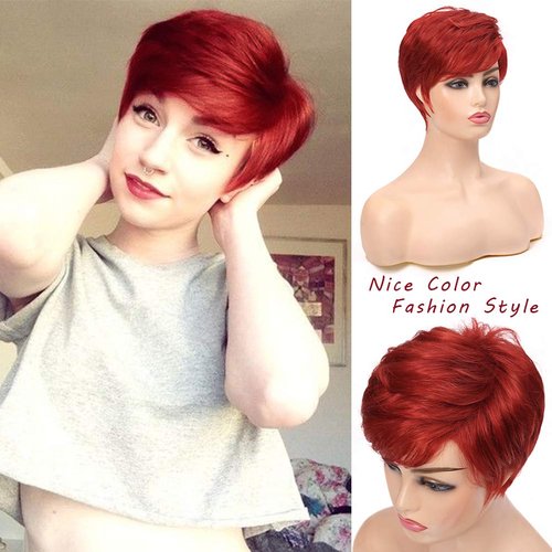 Short Red Wigs for Women Layered Natural Synthetic Heat Resistant Halloween Cosplay Costume Wig with Wig Cap