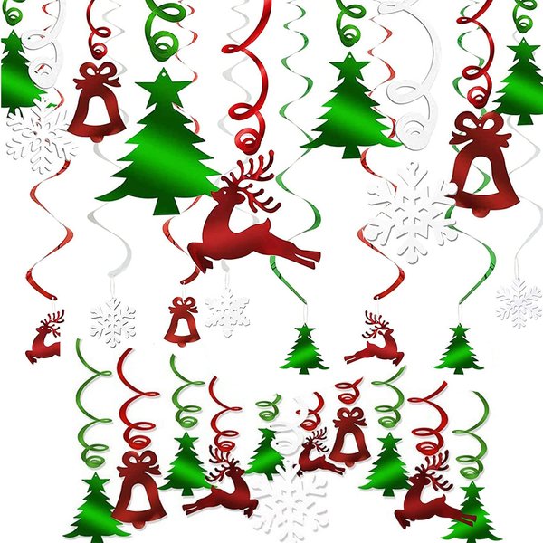 Christmas Party Decorations Foil Hanging Ceiling Swirls (30Pcs Fully-Assembled) Christmas Reindeer Bell Christmas Tree Snowflake Swirls for Porch Home House Bar, Xmas Holiday Supplies Decorations