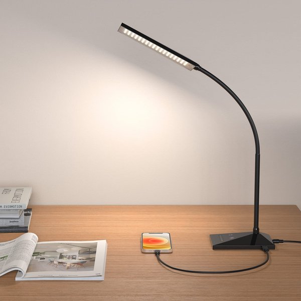 RAOYI LED Desk Lamp, 12W Dimmable Table Lamp Eye-Caring Reading Light with USB Charging Port, Touch Control, 5 Lighting Modes and 6-Level Brightness for Home Office Bedrooms (Black)