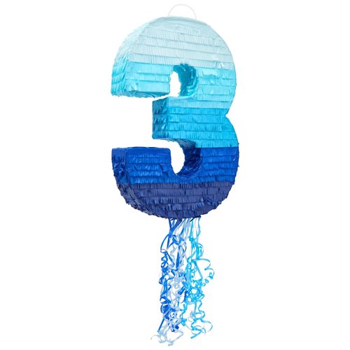 BLUE PANDA Number 3 Pinata - Pull String Pinata for Boys 3rd Birthday Party Decorations, Ombre Blue (16.5 x 11.3 x 3 In)