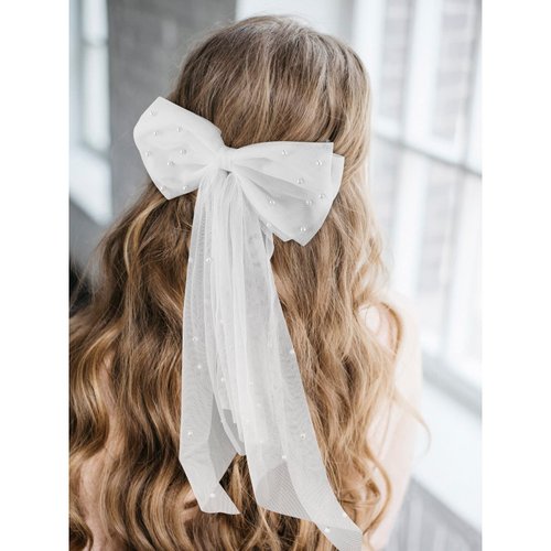 CIEHER Bridal Hair Clip Bachelorette Party Decorations Pearl White Hair Bow Bride to Be Bridal Shower Gifts Bridesmaid Favors Bridal Hair Accessories