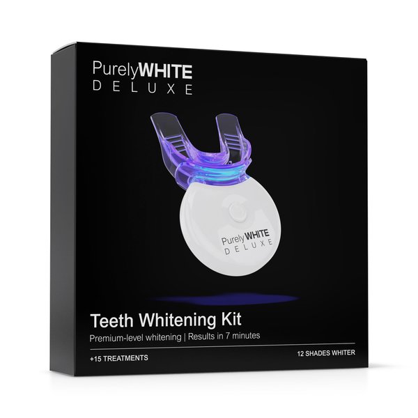 PurelyWHITE DELUXE Teeth Whitening Kit, Complete LED Teeth Whitening, 15+ Treatments, (3) 3ml Whitening Gel Syringes, Whiter Smile in 7 Minutes