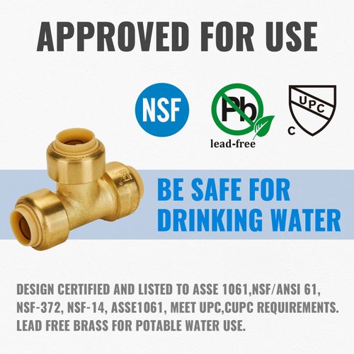 SUNGATOR Plumbing Tee Fittings 1/2 Inch, Push T Fittings 1/2", No Lead Brass Push Pex Fittings, Push to Connect Tee Fittings for PEX, Copper, CPVC Transition, with 1 Disconnect Clip, Pack of 2