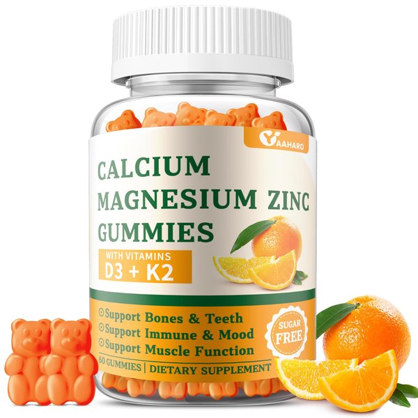 Calcium Magnesium Zinc Gummies with Vitamin D3 & K2 - Sugar Free Calcium Gummies for Women and Men - Bone & Immune Support - Non-GMO, Gluten-Free, Orange Flavored - 60 Gummies