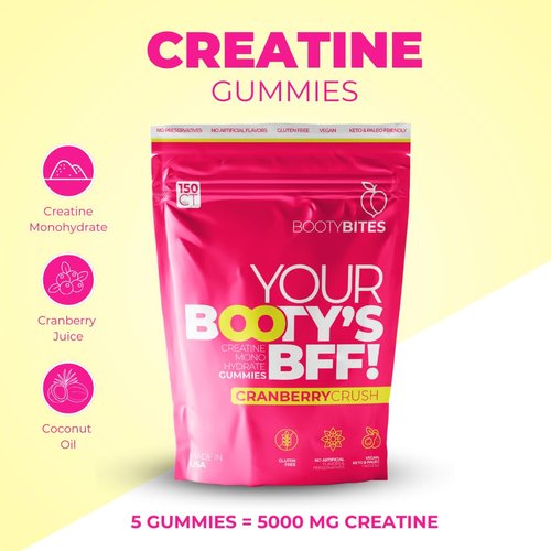 Booty Bites Creatine Monohydrate Gummies, 5g, Natural Supplement, Booty Lift, Post Workout Recovery, Muscle Builder, Boost Energy, Gluten Free, Cranberry Flavor (150)