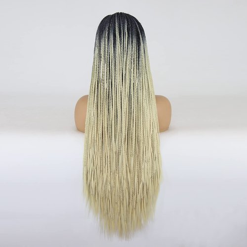 BTWTRY Black Ombre Blonde #613 Color Micro Braided Lace Front Wigs with Baby Hair Heat Resistant Fiber Hair for Black Women Synthetic Lace Front Braid Wig Box Braids Wig (24Inch, 1B/#613)