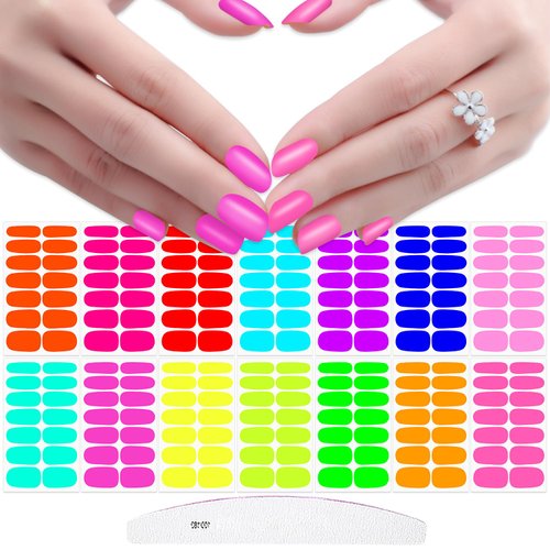 JERCLITY 196 Pieces 14 Sheets Fluorescence Solid Color Nail Polish Strips Vibrant Color Nail Wraps for Short Nails Nail Decals Self-Adhesive Nail Stickers Full Nail Wraps for Women Girls Nail Art
