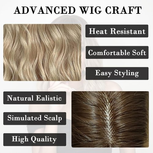 Doremiy Ombre Brown Blonde Short Bob Wavy Wig with Bangs Natural Shoulder Length Wigs for Women Synthetic Wigs for Daily Cosplay