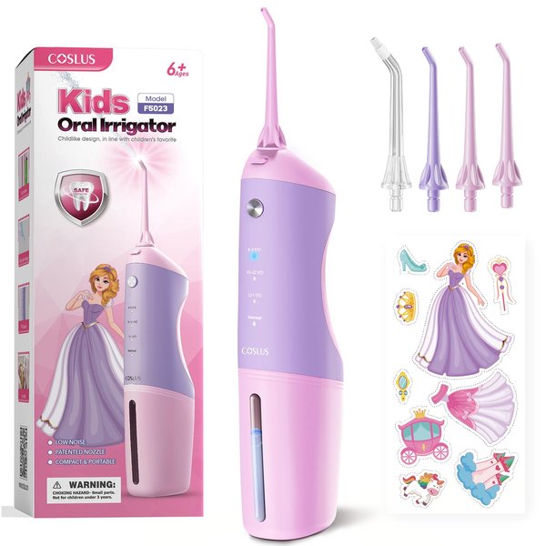 COSLUS Kids Water Dental Flosser Deep Cleaning Teeth Picks, Portable Oral Irrigator, 4 Modes for Ages 6+ Safe Waterproof Dental Flosser Rechargeable with 4 Jet Tips for Gums Braces Care F5023