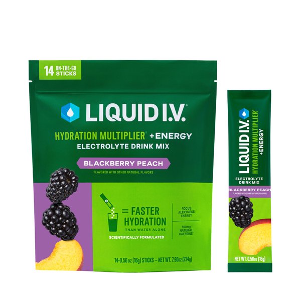 Liquid I.V.® Hydration Multiplier +Energy - BlackBerry Peach | Electrolyte Powder Drink Mix | 3 Pack (42 Servings)