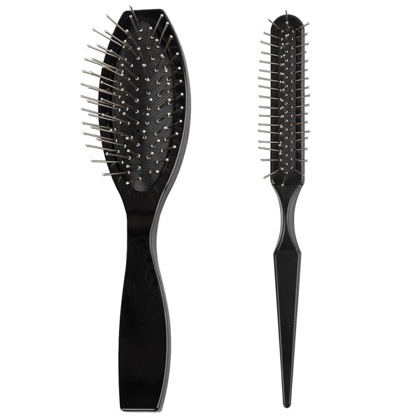 LLMSIX 2PCS Wire Wig Brush, Stainless Steel Synthetic Brush with Ball Tips Gentle Wig Detangling Brush Comb Travel Size Styler Brush for Defining and Separating Curls Wigs Natural Hair (Black)