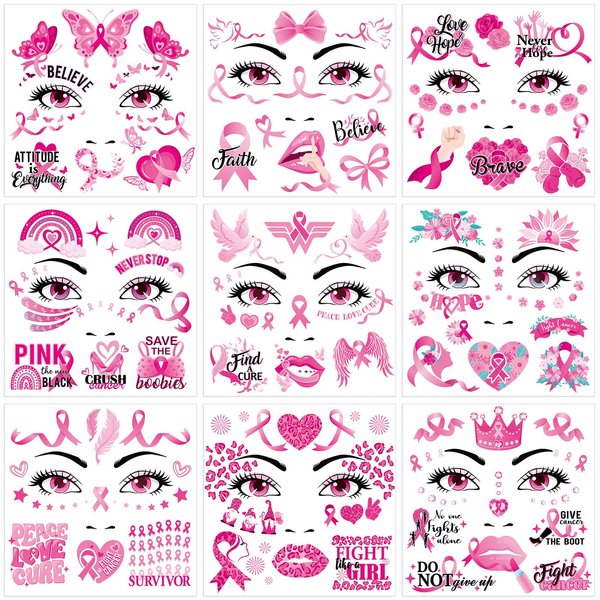 HOWAF 9 Sheets Breast Cancer Awareness Face Tattoos Pink Ribbon Waterproof Temporary Tattoos Stickers for Woman Hope Fight Breast Cancer Party Decorations Fundraising Event Face Body Accessories