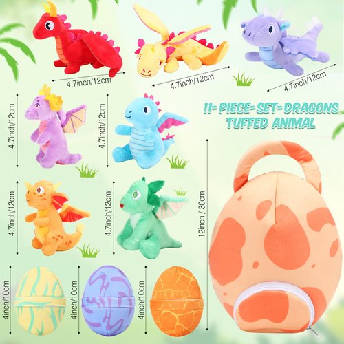 Zhanmai 11 Pcs Dragon Stuffed Animal Small Dino Plush Toy and Egg Bag Set Stuffed Dragon Stuffed Animals Plush Toys Soft Dragon Stuff Animals for Birthday Dragon Themed Party Decorations (Vivid)