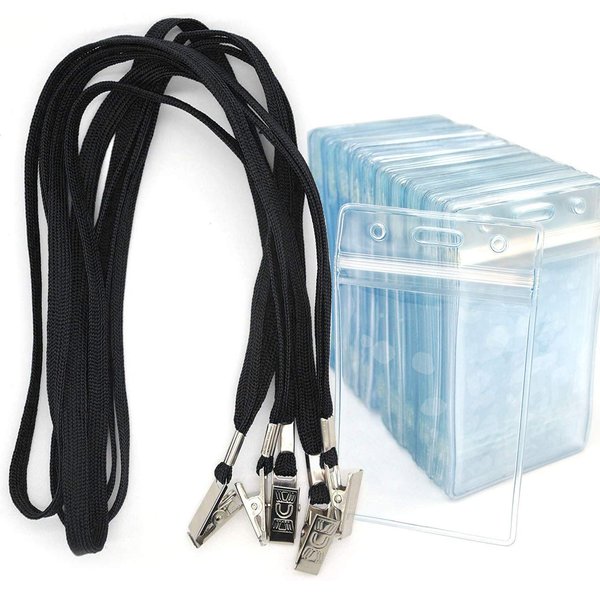 Name Badge Bird Fiy® 50 Pack Lanyards with Bulldog Clip and 50 Pack Waterproof Clear Plastic Vertical Name Tag Badge ID Card Holders(Black)