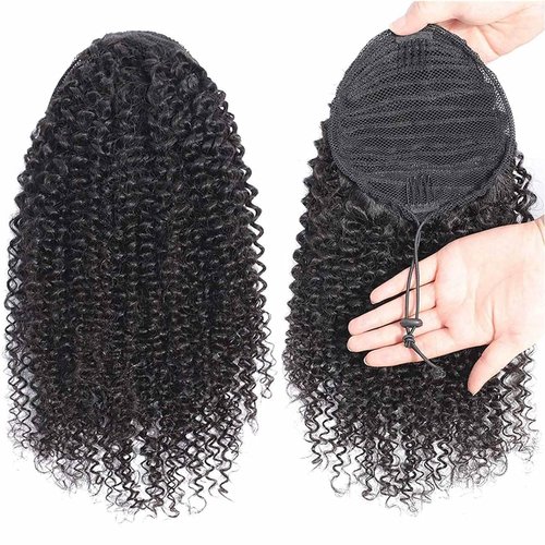 Short Curly Human Hair Ponytail Extension Wrap Drawstring Ponytails for Black Women Remy Human Hair Extensions Small Curly Ponytail with 2 Clips Natural Black (12 Inch)