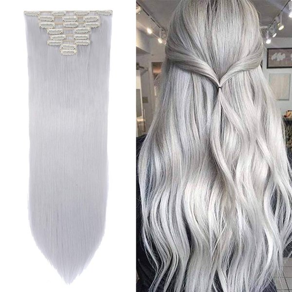 S-noilite® 26" Long Straight Curly Silver Gray 8 Pieces Clip in on Hair Extensions Full Head Set Thick Hairpiece Synthetic Hair Extensions for Girl Lady Women USA Local Post