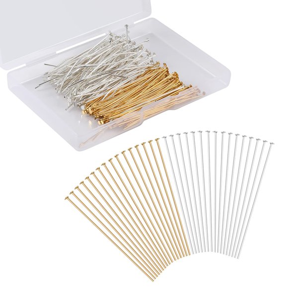 KINBOM 300pcs Straight Head Pins for Jewelry Making Assorted, 2inch Long End Head Pins Silver and Gold Jewelry Pins for Beads for DIY Crafts Earring Bracelet Necklace Pendant Supplies (Flat Head Pin)