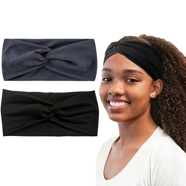 Hjiaruiky 2Pcs Turban Headbands for Women Boho Stretchy Fashion Headbands Fabric Twist Knotted Cloth Cute Thick Headband Head Wraps for Womens Girls Black (Dark Grey+Black)