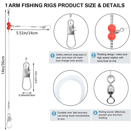 YOTO Fishing Leaders,Saltwater Tackle Rig with Swivels Snap, High-Strength Fishing Wire Gear Equipment for Lures Bait Or Hooks,1Arm and 2Arm