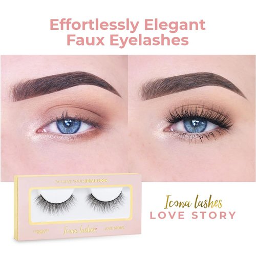 Icona Lashes False Eyelashes Pack - Fake Eyelashes Extensions - Soft, Fluffy Falsies with Tapered Ends & Professional-Grade Band - Handmade, Vegan, Reusable - Natural Black - Love Story