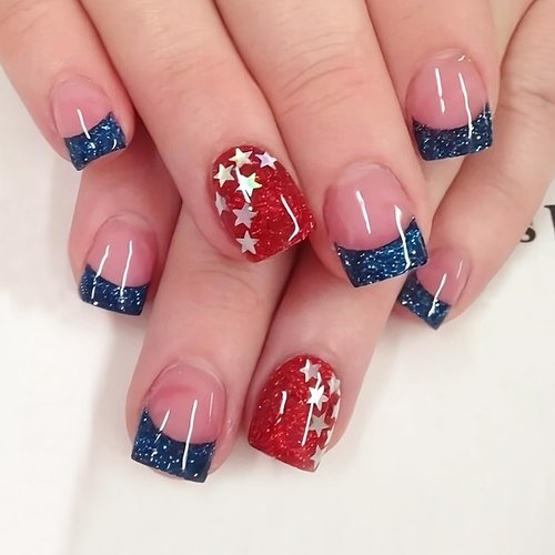 4th of July Press on Nails Short Square Fake Nails Independence Day False Nails French Tips Glue on Nails Glitter Star American Flag Design Acrylic Nail Kits 4th of July Nail Accessories Decorations