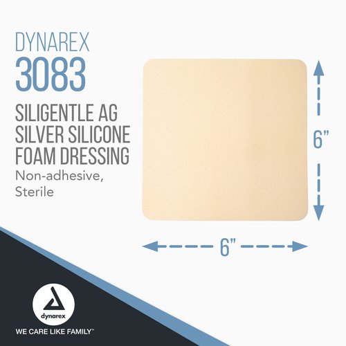 Dynarex SiliGentle AG Silver Silicone Foam Dressings, Wound Care, Soft & Absorbent, White, 6” x 6” Non-Adhesive Foam Pad Dressing with Silicone Layer, 1 Box of 10 Non-Adhesive Silicone Foam Dressings