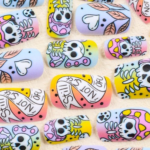Halloween Press on Nails Medium Coffin Fake Nails Colorful Gradient Acrylic False Nails with Skull Design Full Cover Matte Glue on Nails Cute Reusable Artificial Nails for Women Girls 24PCS