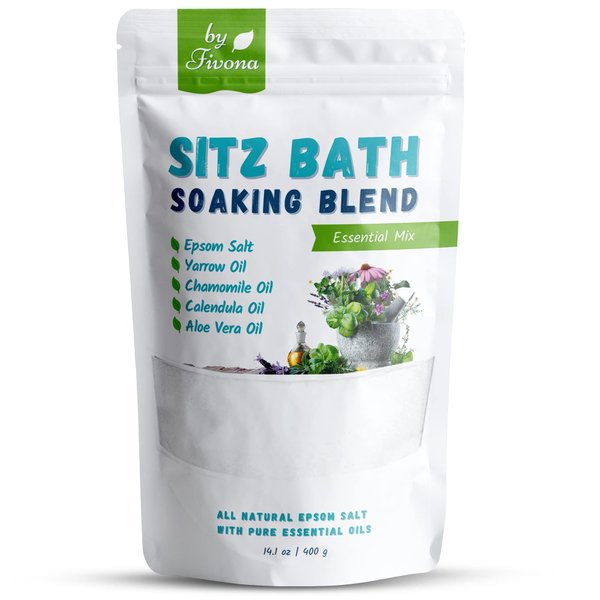 Hemorrhoid Treatment Sitz Bath Salt Natural Soaking Blend - Epsom Salt with Pure Essentials Oils for Fissure, Postpartum Care, Bartholin Cyst Treatment - Essential Mix for Self Care - 1 Pack - 14.1 oz