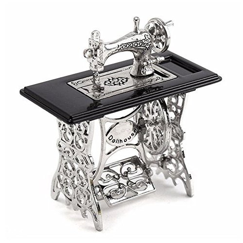 EatingBiting 1/12 1:12 Scale Dollhouse Miniatures Furniture Vintage Silver Sewing Machine Table Metal, Sewing Machine Pedal Can Move, Worth to Keep