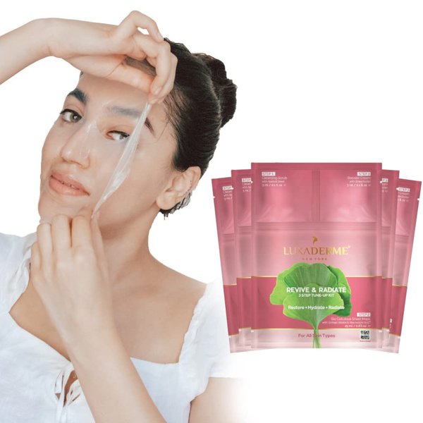 LuxaDerme Revive & Radiate 3 Step Tune-Up Kit - Cleansing Scrub, Bio Cellulose Sheet Mask, Booster Cream (Pack of 5)