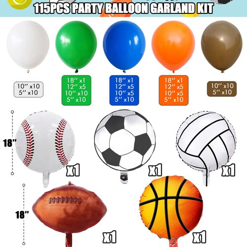 Sports Balloon Arch Garland Kit, 115Pcs Sports Party Baseball Soccer Basketball Football Helium Balloons Blue Green Orange Sport Latex Balloon for Boys Sport Themed Birthday Party Decorations Supplies