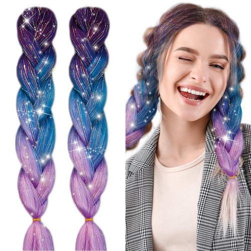 Bordedor Braiding Hair Extension with Tinsel, Purple Hair Extensions Synthetic Colored Braiding 3 Tone for Girls Women,Box Braids Twist 24 Inch