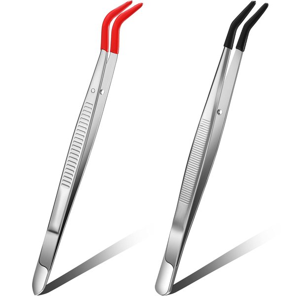 Honoson 2 Pieces Tweezers curved Bent Tip Tweezers with Rubber silicone Tips PVC Coated Non Marring Soft Long Rubber Tips Tweezers Stainless Steel Hobby Jewelry Crafts Tools (Red, Black)