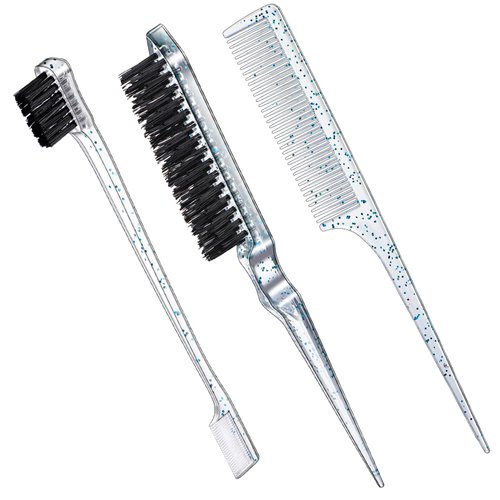 Geiserailie 3 Pcs Slick Back Hair Brush Set Bristle Hair Brush Edge Control Brush Teasing Comb for Women Baby Kids' Black Hair (Clear Blue)