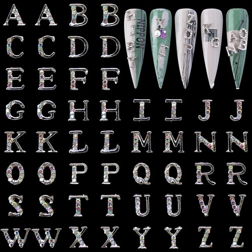 Letters Nail Charms for Acrylic Nails，52PCS Sliver Letters Nail Rhinestones Decoration,Nail Jewels Y2K Cute Accessories for Nail Art Supplies Manicure Craft DIY BBATT-HAPPY