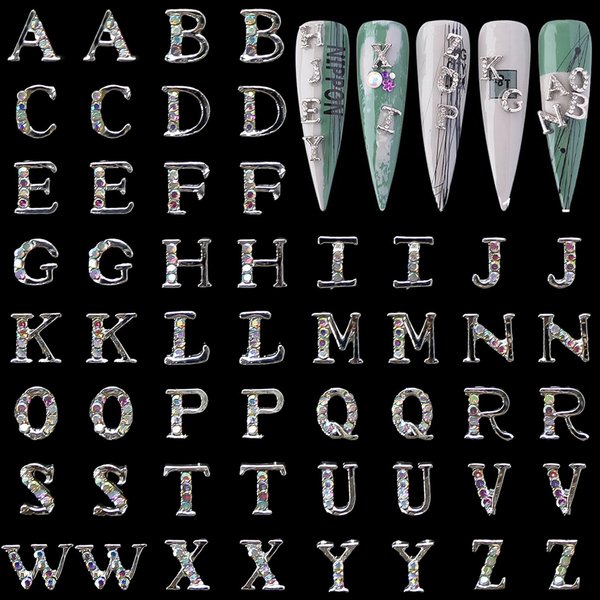 Letters Nail Charms for Acrylic Nails，52PCS Sliver Letters Nail Rhinestones Decoration,Nail Jewels Y2K Cute Accessories for Nail Art Supplies Manicure Craft DIY BBATT-HAPPY