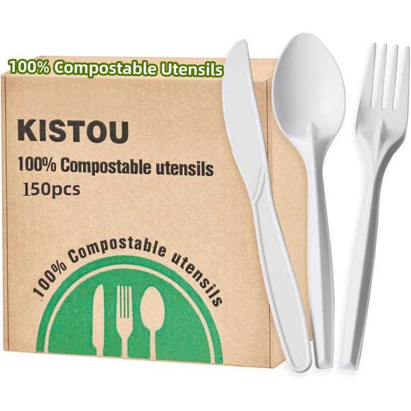150 Pcs compostable utensils set Eco-friendly Heavy Duty Utensils (50 Forks, 50 Spoons, 50 Knives) Compostable Cutlery Set Biodegradable Utensils disposable silverware for party BBQ, Picnic Daily Use