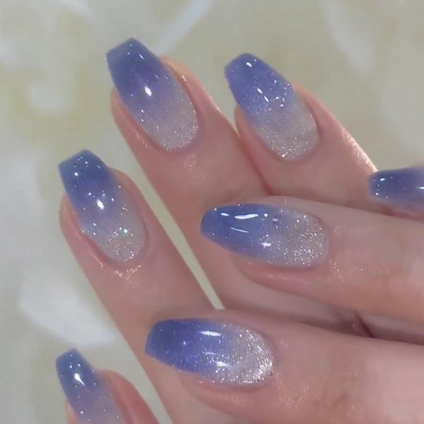 Hkanlre Bling Coffin Press on Nails Fake Nails Tips Full Cover Medium False Gradient Nails for Women and Girls 24PCS (Blue gradient bling)