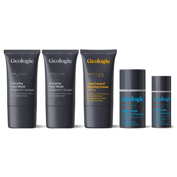 Geologie Complete Skincare Set | 30-Day 5-Piece Supply | Acne, Oil, Dark Spots | Salicylic Acid Face Wash (2 count), Retinol Night Cream, SPF15 Niacinamide Moisturizer, Dark Circle Eye Cream