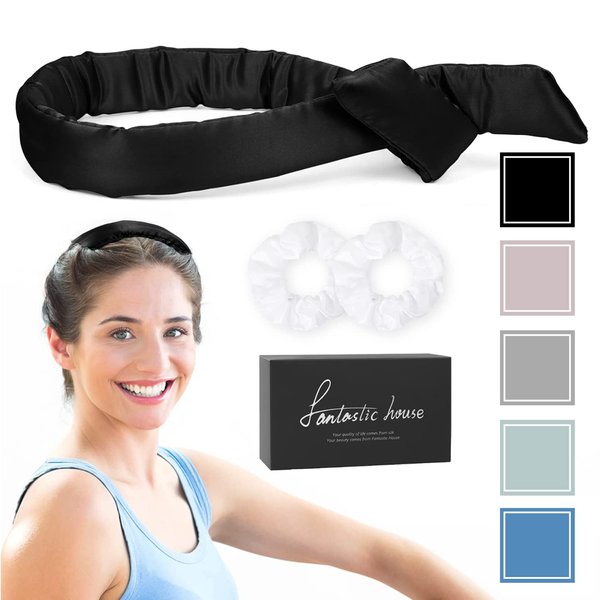 Silk Heatless Hair Curler，Mulberry Silk Overnight Heatless Curls Headband——No Heat Silk Hair Curlers to Sleep In，Heatless Hair Curler for Short Hair & Long Hair (Hair Curler+2 Hair Scrunchies) Black