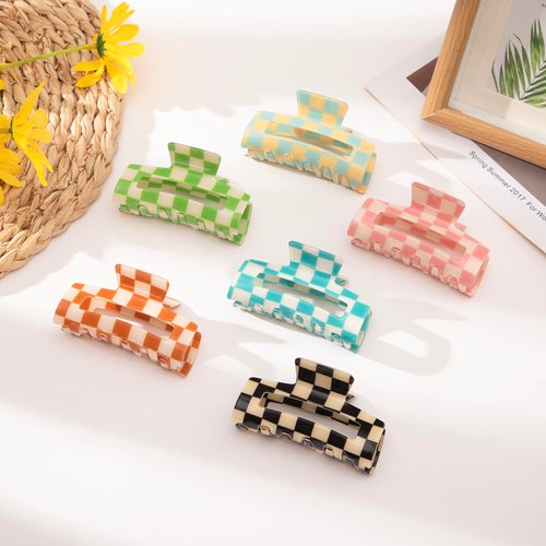 Paderison Checkered Multicolored Rectangle Y2K Hair Barrettes and Claw Clips - 6 Pcs Strong Hold Hair Accessories for Thin & Thick Hair