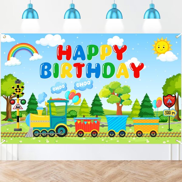 Avezano Train Theme Birthday Banner Train Birthday Decorations Chugga Chugga Train Happy Birthday Backdrop for Kids 70.8x43.3"