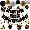 YEOCU 50th Birthday Decorations, Happy Birthday Banner with Honeycomb Balls, Gifts Hanging Swirl Streamers, Circle Dots Garland - Happy Birthday Party Decorations for Women Men (Black and Gold, 50th)