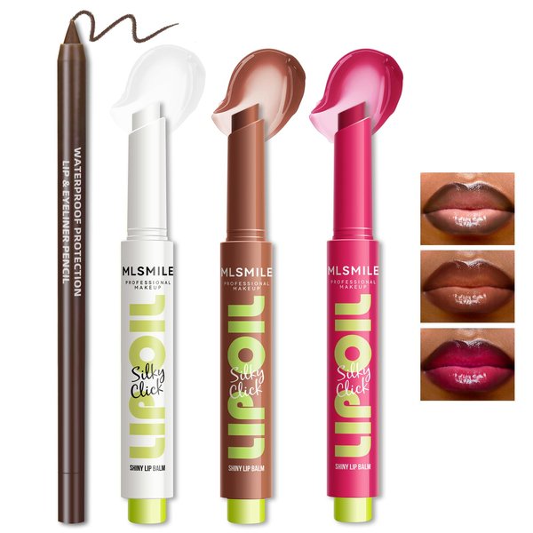 HOSAILY Moisturizing Solid Lip Gloss Jelly Lipstick, 3Color Lip Oil Slick Click Lip Plumper with Dark Brown Lip Liner, Glossy Lightweight Pigmented Non Sticky Tinted Lip Balm Makeup Gift Set for Women