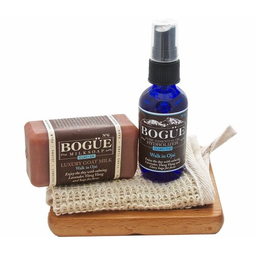 BOGUE Luxury Goat Milk Soap & Pure Essential Oil Hydrolyzer Giftset -N°6 'Walk in Ojai' Lavender, Sage Ylang Ylang on Beech Wood Soap Dish with Sisal Cloth