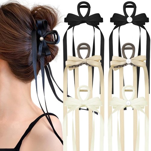 6 PCS Bow Hair Claw Clips with Long Tail Tassel Ribbon Hair Claw Clips Bow-knot Hair Claw Clips for Thin Thick Curly Hair Non Slip Jaw Clips Pearl Bow Clips Hair Accessories for Womon Girls